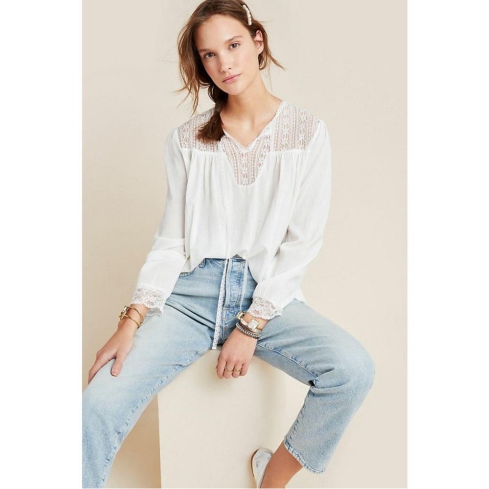 eri + ali - Anthropologie Women's Ivory Bubble Sleeve Top XS 100% Cotton